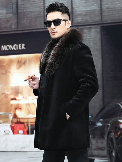 6XL Winter Jacket for Men Sheep Shearling Down Coat Men's Large Fur Collar Midi Long 100% Wool Real Fur Coats and Jackets FCY
