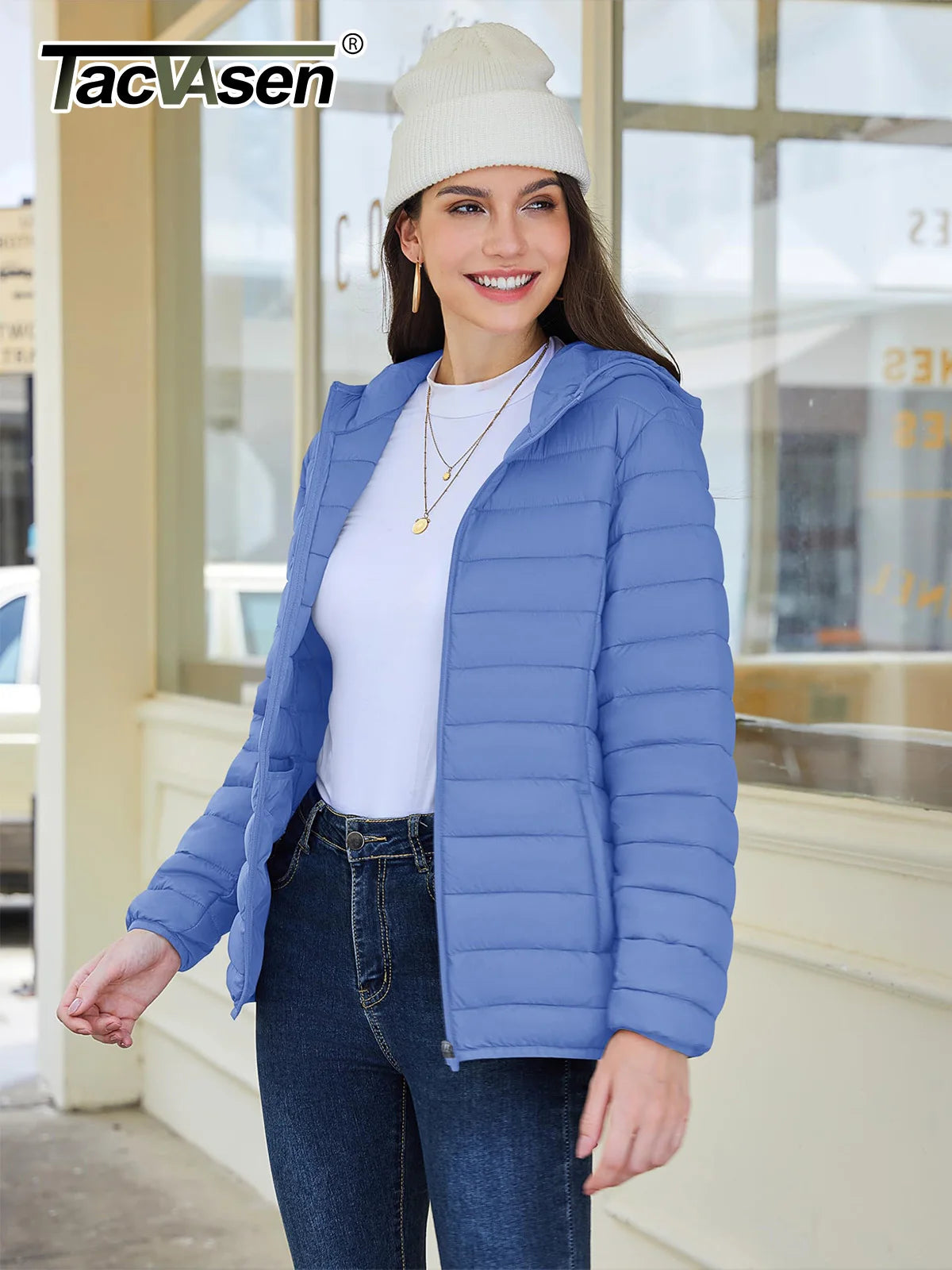 TACVASEN Full Zip Up Hooded Puffer Jacket Womens Winter Quilted Warm Coats Casual Windbreaker Padded Lightweight Outdoor Outwear