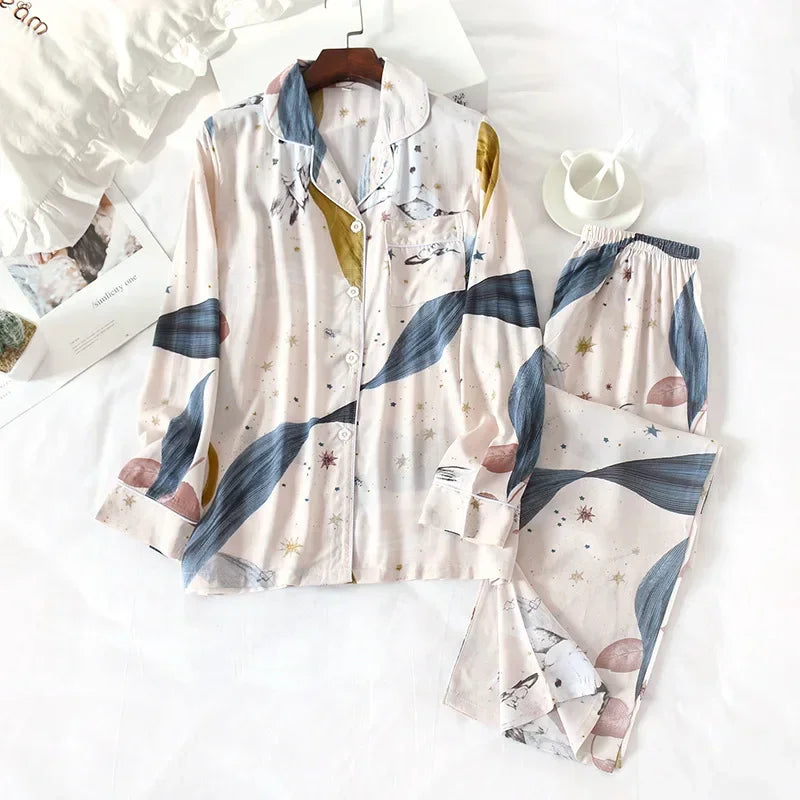 Spring and summer new 100% viscose pajamas two-piece long-sleeved trousers women's flowers comfortable plus size homewear suit