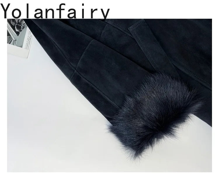 YOLANFAIRY Real Goatskin Leather Fur Coats for Women Winter High-end Natural Fur Coat Lazy Style Long Leather Jacket Luxury Wear
