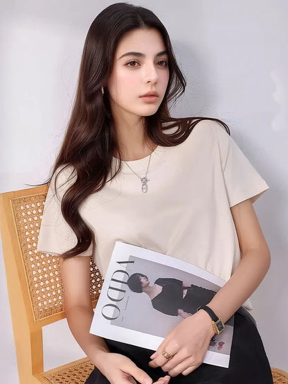 SuyaDream Women Solid T shirts, Silk Cotton Blend, O Neck, Short Sleeved Solid Tee,2025 Summer Candy Colors Basic Cozy Top Green