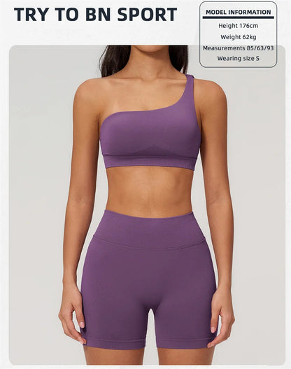 TRY TO BN Seamless Two Pieces Women's Tracksuit Yoga Shorts Set One-shoulder Hollow Backless Fitness Running Workout Gym Clothes