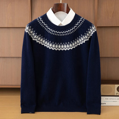 Autumn Winter 100%Wool Knit Pullover Men's O-Neck Color Block Sweater Jumper Fashion Thicken Loose Tops Clothing Warm Base Shirt