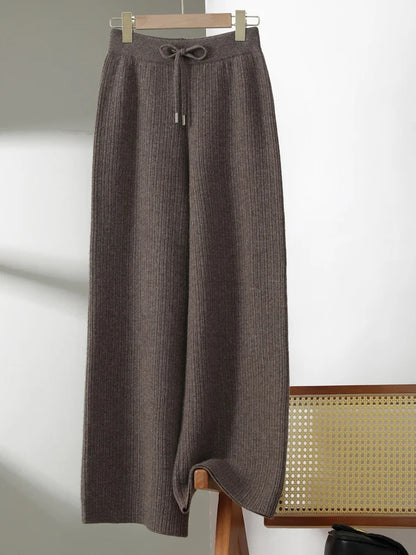 CHICUU Women Thick Wide Leg Pants 100% Merino Wool Knitted Trousers Autumn Winter Striped Jacquard Cashmere Pants Simple Style