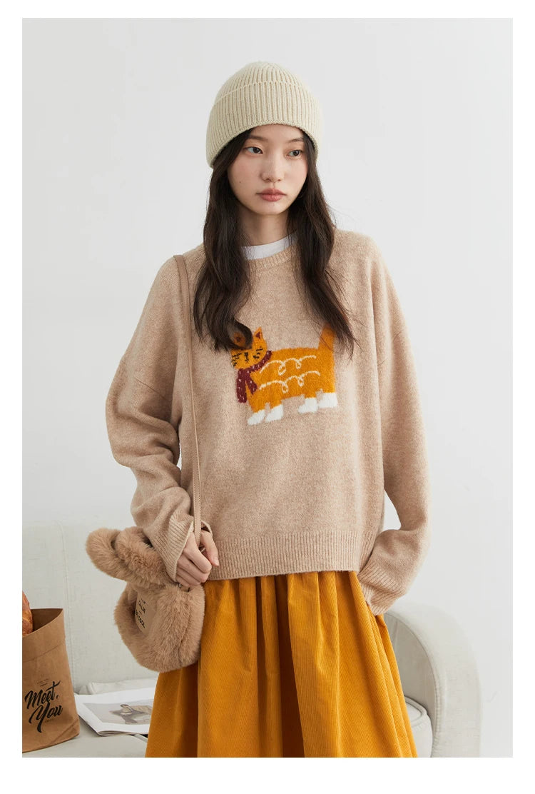 CHIC VEN New Women Sweaters Loose Casual O Neck Cartoon Cat Female Knitted Jumpers Pullovers for Girl Autumn Winter 2025
