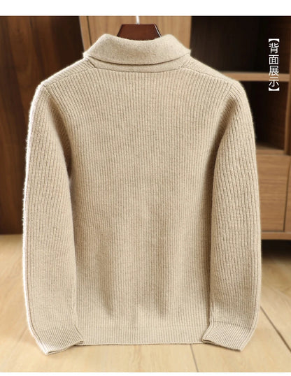 Men High Quality Polo Collar Cardigan Autumn Winter Thick Buttons 100% Merino Wool Sweater Smart Casual Coat Cashmere Knitwear