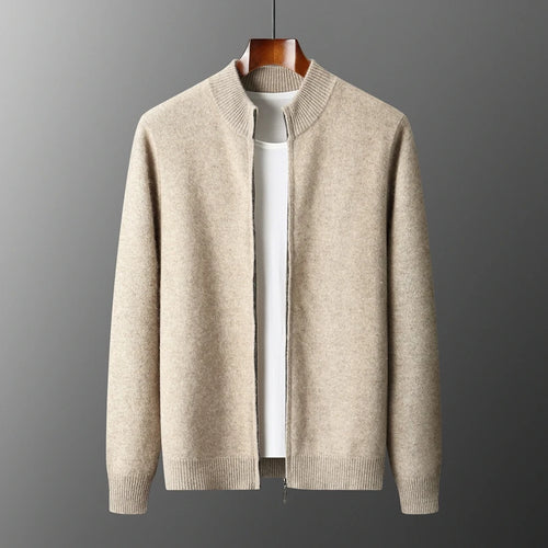 100% Merino Wool Men's Warm Sweater Mock Collar Thickened Zippered Cardigan Autumn Winter New Cashmere Knitted Long Sleeve Tops