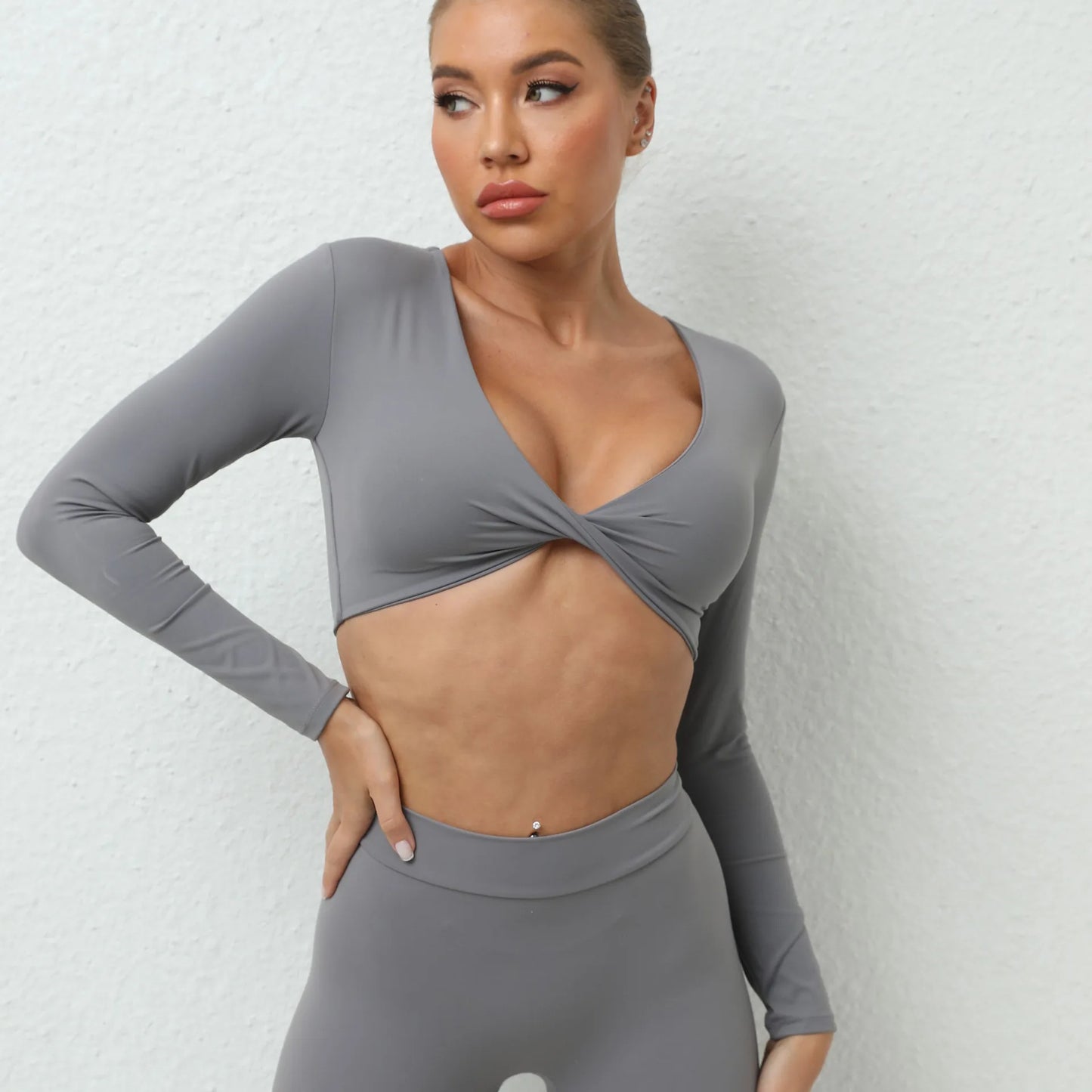 Sexy Creased Long Sleeve Crop Top Women Yoga Clothing Quick Dry Gym Long Sleeved Shirt Women Clothes Running Workout Sportswear