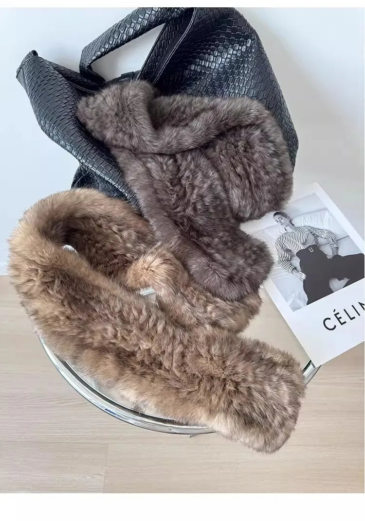Korean-quality sable color scarf Real rabbit fur scarves women's autumn and winter versatile woven sable hair scarf, fur collar