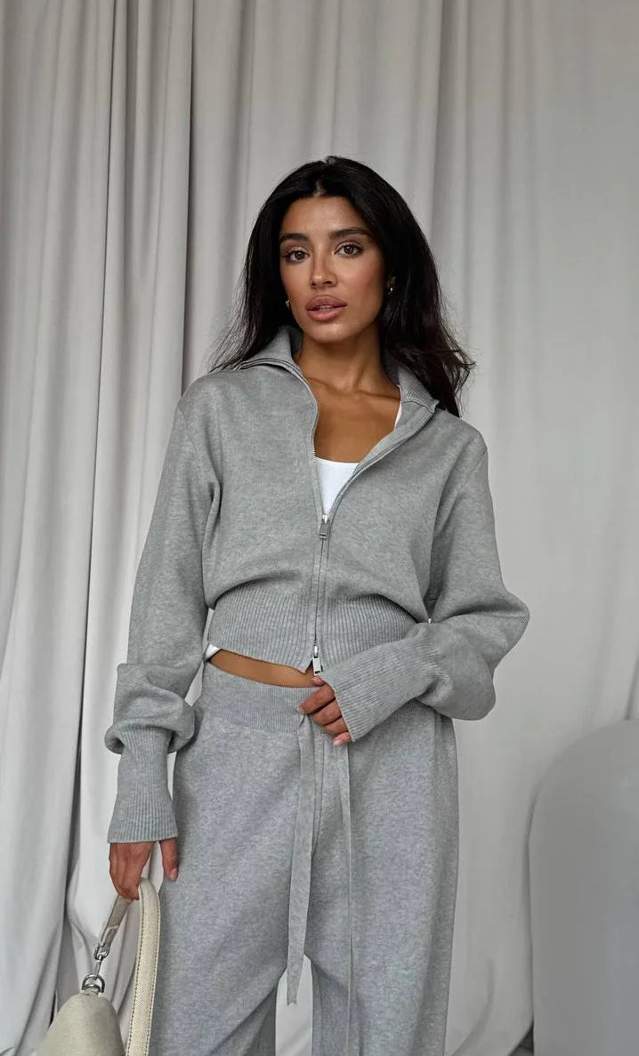 Women Cotton Knitted Cardigan Wide Leg Pants Suit Autumn and Winter Lady  Fashion Loose Daily Office Jacket Straight Pants 2Pcs