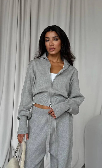 Women Cotton Knitted Cardigan Wide Leg Pants Suit Autumn and Winter Lady  Fashion Loose Daily Office Jacket Straight Pants 2Pcs