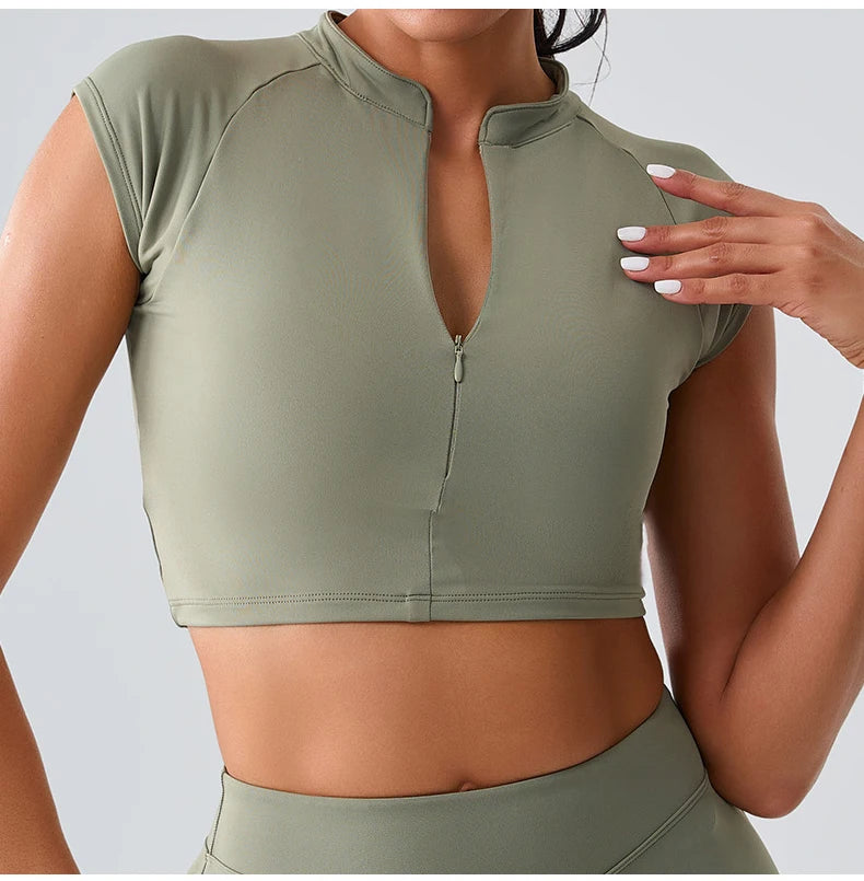 Zipper Sports Crop Top Women Short Sleeve Yoga Top Shirts Light Weight Gym Push Up Top Sports Shirt Running Workout Crop Tops