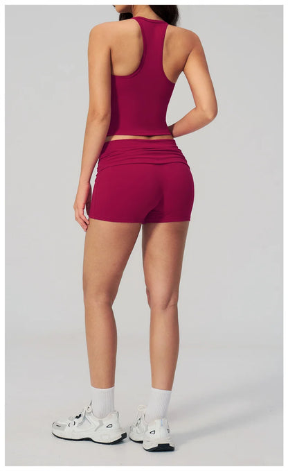 TRY TO BN Two Pieces Women's Tracksuit Vest Sling Top Set Fold-over Waist Yoga Shorts Hip Lifting Running Fitness Gym Activewear