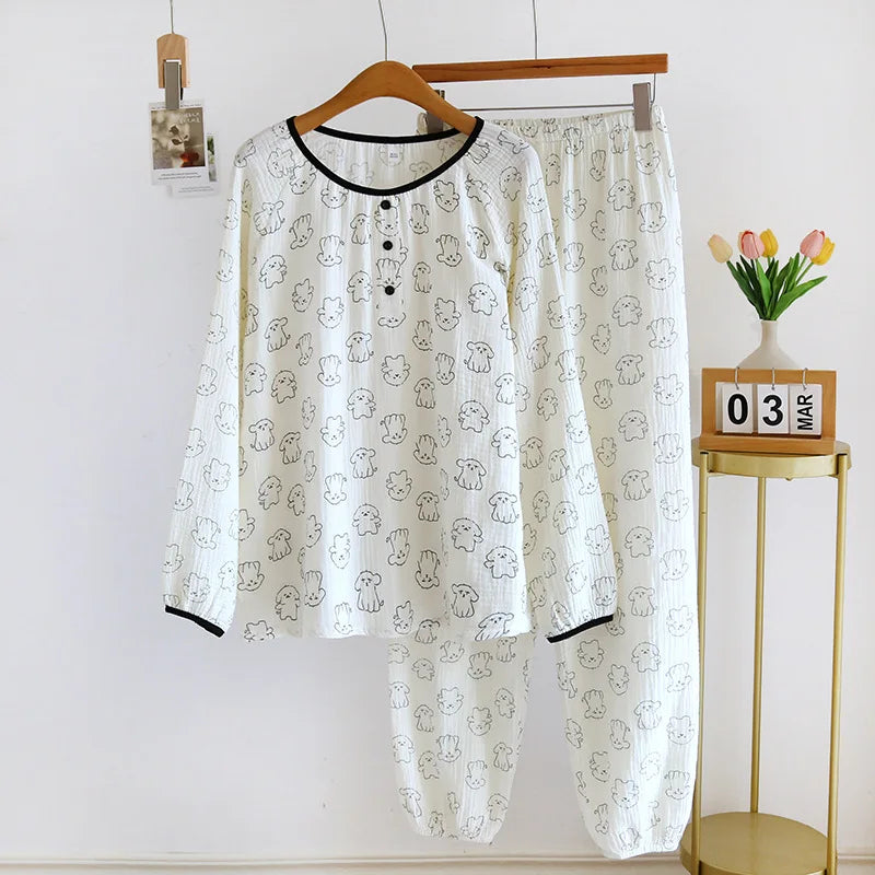 2026 New Spring and Autumn Women's Pajama Set 100% Cotton Crepe Cute Long sleeved Pants Two piece Printed Loose Home Fury