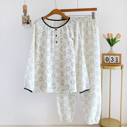 2026 New Spring and Autumn Women's Pajama Set 100% Cotton Crepe Cute Long sleeved Pants Two piece Printed Loose Home Fury