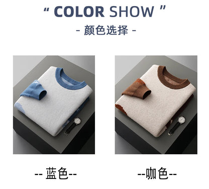 Autumn/Winter New 100% Merino Wool Knit Sweater Men's O-Neck Color Block Cashmere Pullover Business Casual Thick Long-Sleeved