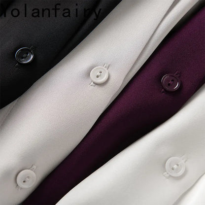 YOLANFAIRY 93% Real Mulberry Silk Shirts for Women Spring 2026 Elegant Solid Long Sleeve Shirt Woman Top Ribbon OL Blouses Trend