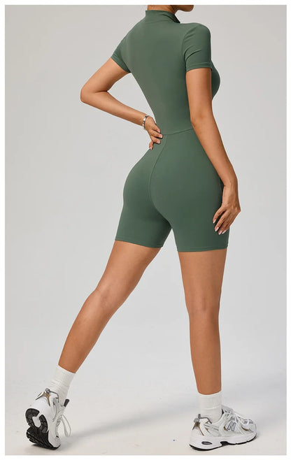 TRY TO BN Sports Jumpsuit Zipper Short Sleeves Yoga Sportswear Fitness Workout Bodysuit One Piece Suits Tights Gym Woman Clothes
