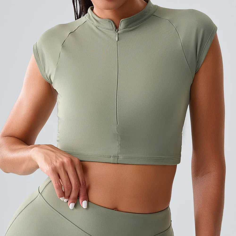 Zipper Sports Crop Top Women Short Sleeve Yoga Top Shirts Light Weight Gym Push Up Top Sports Shirt Running Workout Crop Tops