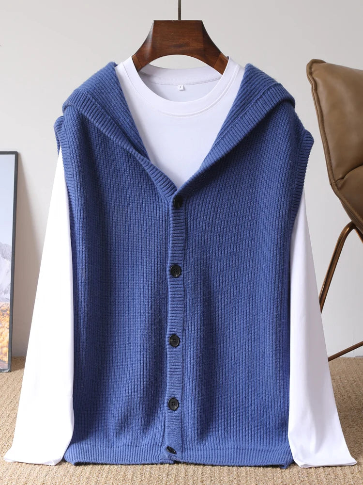 2025 Autumn/Winter Men's Vest 100% Merino Wool Knit Hooded Cardigan Casual Loose Sleeveless Solid Color Men's Cashmere Sweater