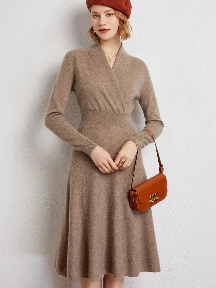 CHICUU Women 100% Cashmere Dresses V-neck Waist Cinching Dresses Autumn Winter Office Lady Grace Luxury Cashmere Knitwear