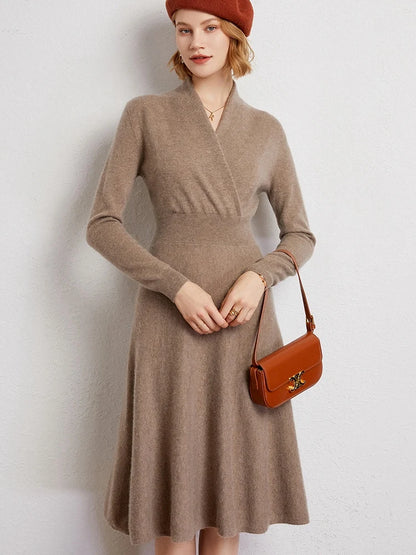 CHICUU Women 100% Cashmere Dresses V-neck Waist Cinching Dresses Autumn Winter Office Lady Grace Luxury Cashmere Knitwear