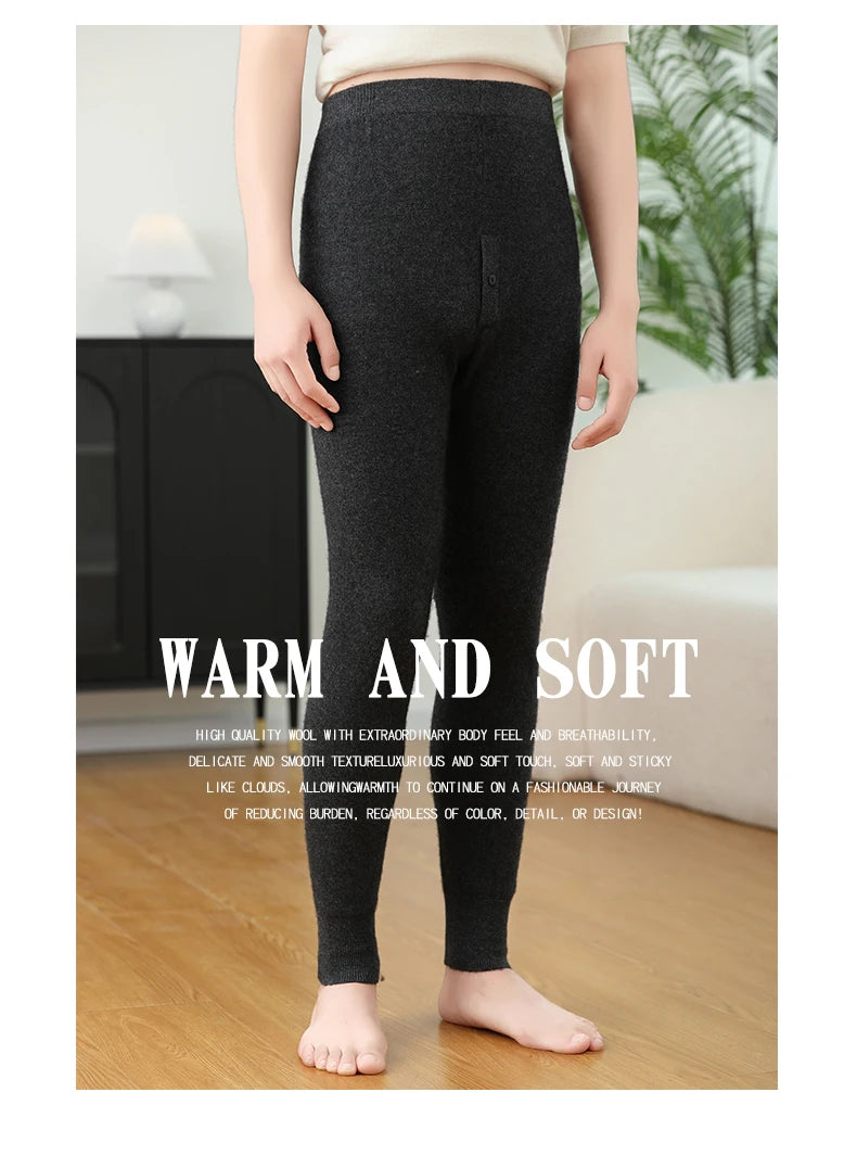 100% Cashmere Knit Leggings Men Winter Wearing Thermal Underwear High Waist Trousers Solid Thicken Elasticity Ankle-Length Pants