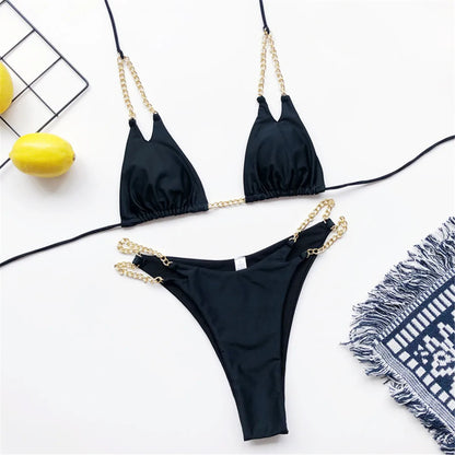 7 Colors Sexy Halter Bikini Female Swimsuit Women Swimwear Two-pieces Bikini set Metal Chain Bather Bathing Suit Swim Lady V2362