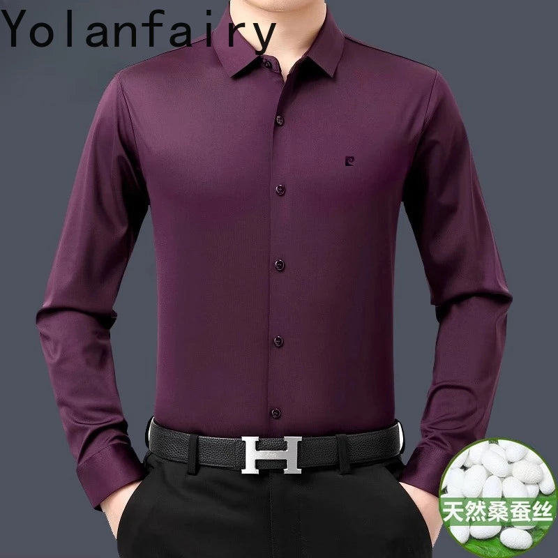 YOLANFAIRY 100% Mulberry Silk Long Sleeve Shirt Man Spring Autumn Casual Silk Mens Shirts Warm Male White Shirt chemises hommes