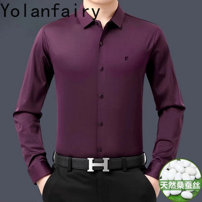 YOLANFAIRY 100% Mulberry Silk Long Sleeve Shirt Man Spring Autumn Casual Silk Mens Shirts Warm Male White Shirt chemises hommes
