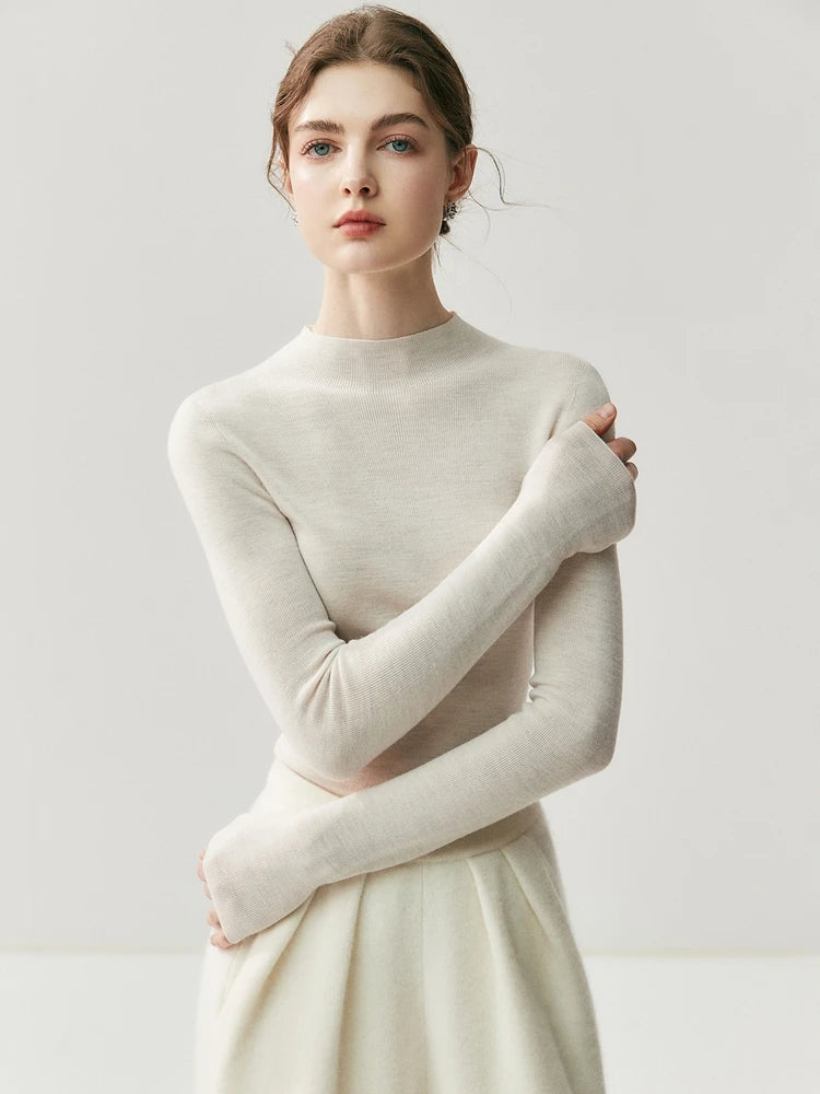 CHICUU Women 100% Wool Sweater Machine Washable Mock Neck Pullover 18-Thread Worsted Cashmere Knitwear   Autumn Winter Clothes