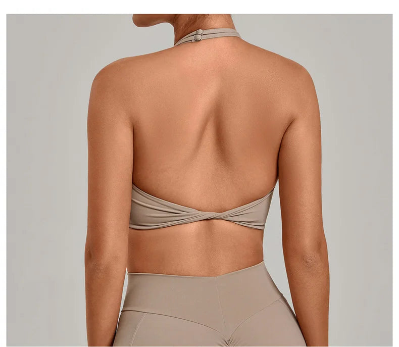 TRY TO BN Yoga Sports Bra Women's Zipper Halter Neck Naked Feeling Backless Underwear Fitness Tops Workout Running Gym Clothing