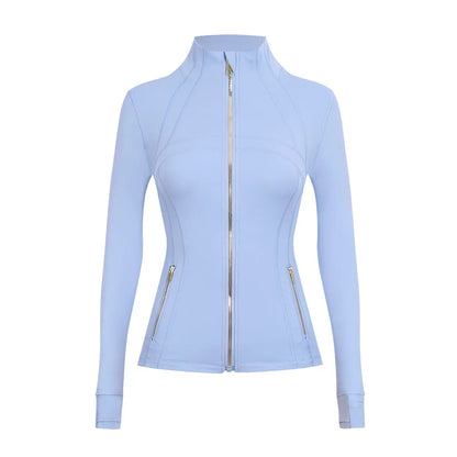 Personalized LOGO custom women's gold zip jacket tight stand-up collar quick-drying fitness running yoga suit 41-color S-3XL top