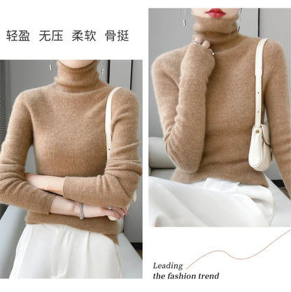 100% Merino Wool Long-sleeved Turtleneck Pullover Women's Autumn Winter Slim Sweater Basic Women's Clothes Cashmere Sweater