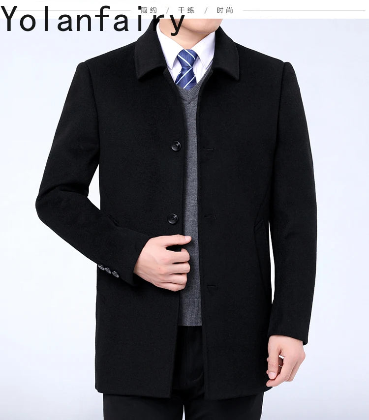 YOLANFAIRY 100% Cashmere Jacket for Men 2025 Autumn Winter Mid-length Wool Coats Man Clothing Casual Business Men's Woolen Coat