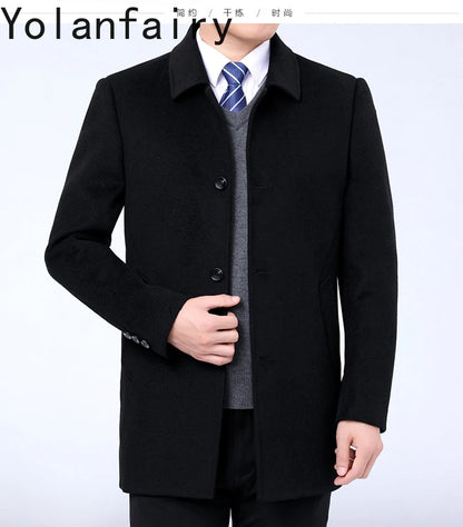 YOLANFAIRY 100% Cashmere Jacket for Men 2025 Autumn Winter Mid-length Wool Coats Man Clothing Casual Business Men's Woolen Coat