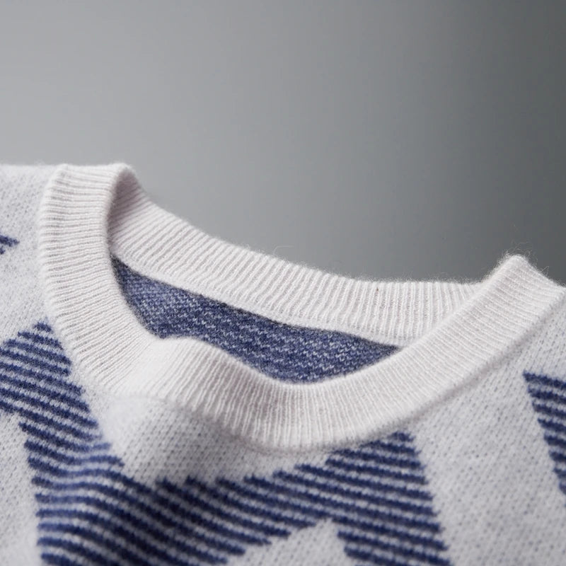Men's Autumn Winter New 100% Cashmere O-Neck Sweater Fashion Knitted Jacquard Pullover Top Color blocked Thickened Men's Wear