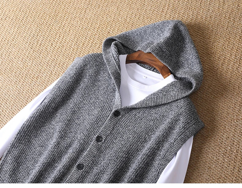 2025 Autumn/Winter Men's Vest 100% Merino Wool Knit Hooded Cardigan Casual Loose Sleeveless Solid Color Men's Cashmere Sweater
