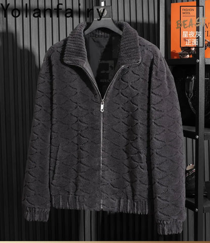YOLANFAIRY Winter 100% Sheep Shearing Jacket Man Clothing Fashion Stand Collar Granular Lamb Fur Coat Men's Jackets chaqueta