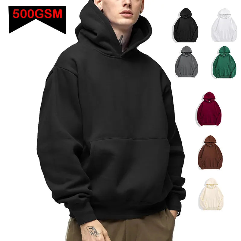 500GSM Tracksuit DIY Custom Your Brand LOGO Heavy Weight New Autumn Winter Casual Thick Cotton Men's Top Solid Color Hoodies