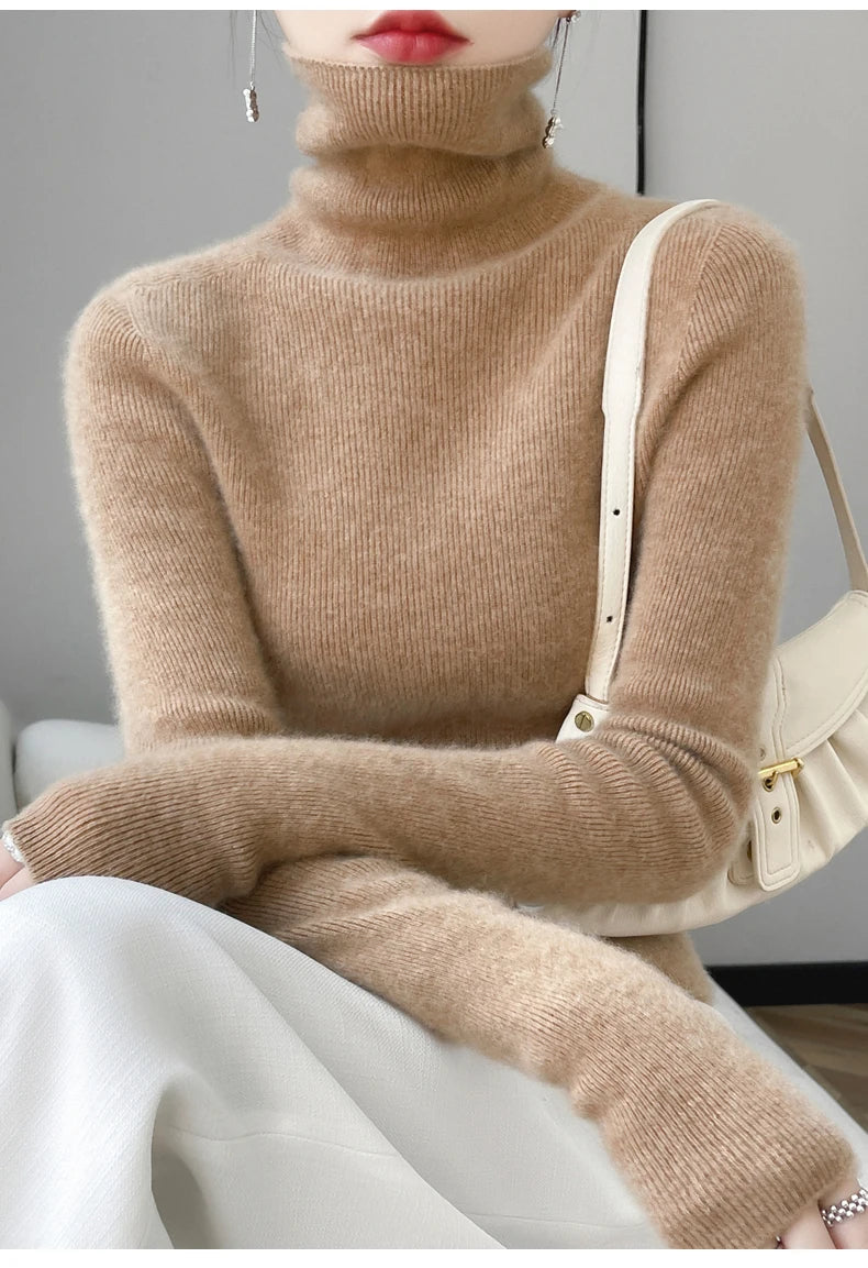 100% Merino Wool Long-sleeved Turtleneck Pullover Women's Autumn Winter Slim Sweater Basic Women's Clothes Cashmere Sweater