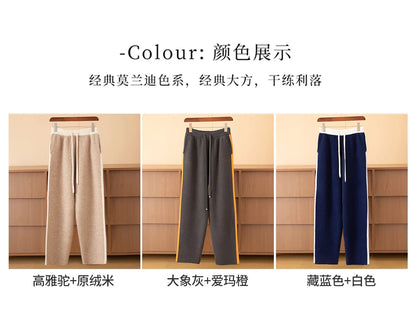 Autumn Winter Thick 100% Merino Wool Contrasting Splicing Casual Sports Pants Men Versatile Knitted Sweatpants Straight Leg Pant