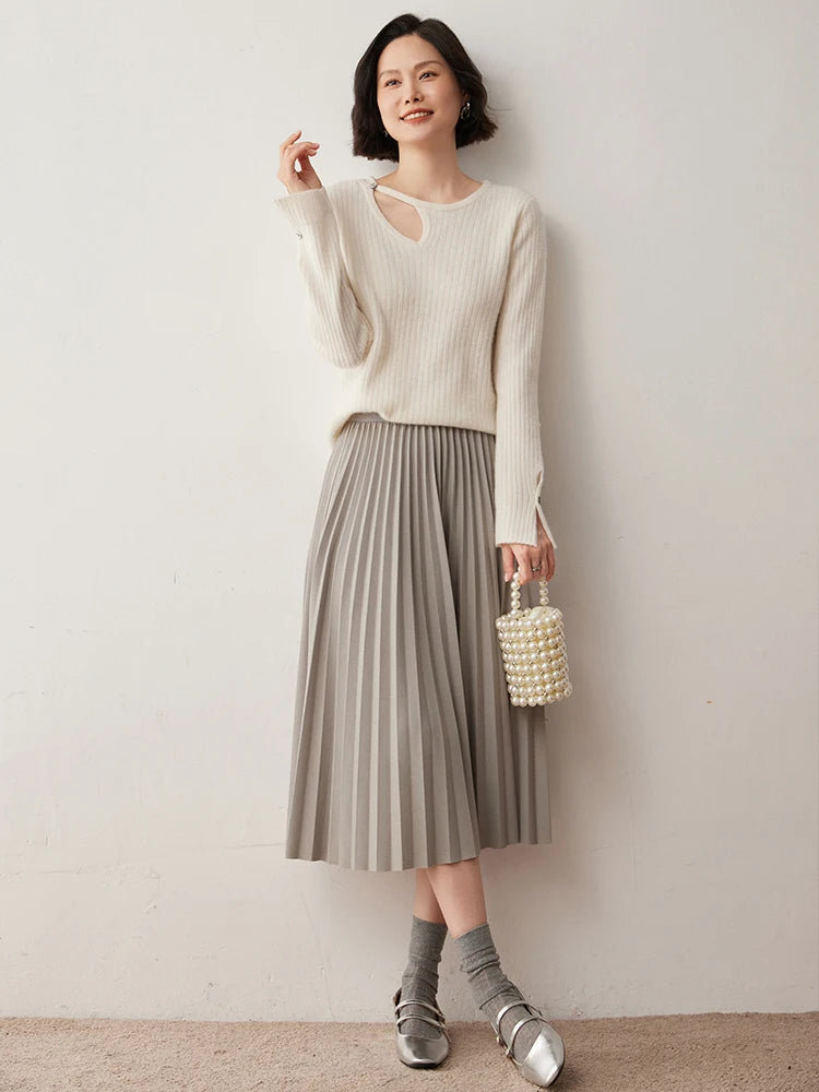 CHICUU Women's 100% Cashmere Knit Pullover Sweater Cut Out Collar Long Sleeve Pullover Autumn Winter Basic Cashmere Knitwear Top