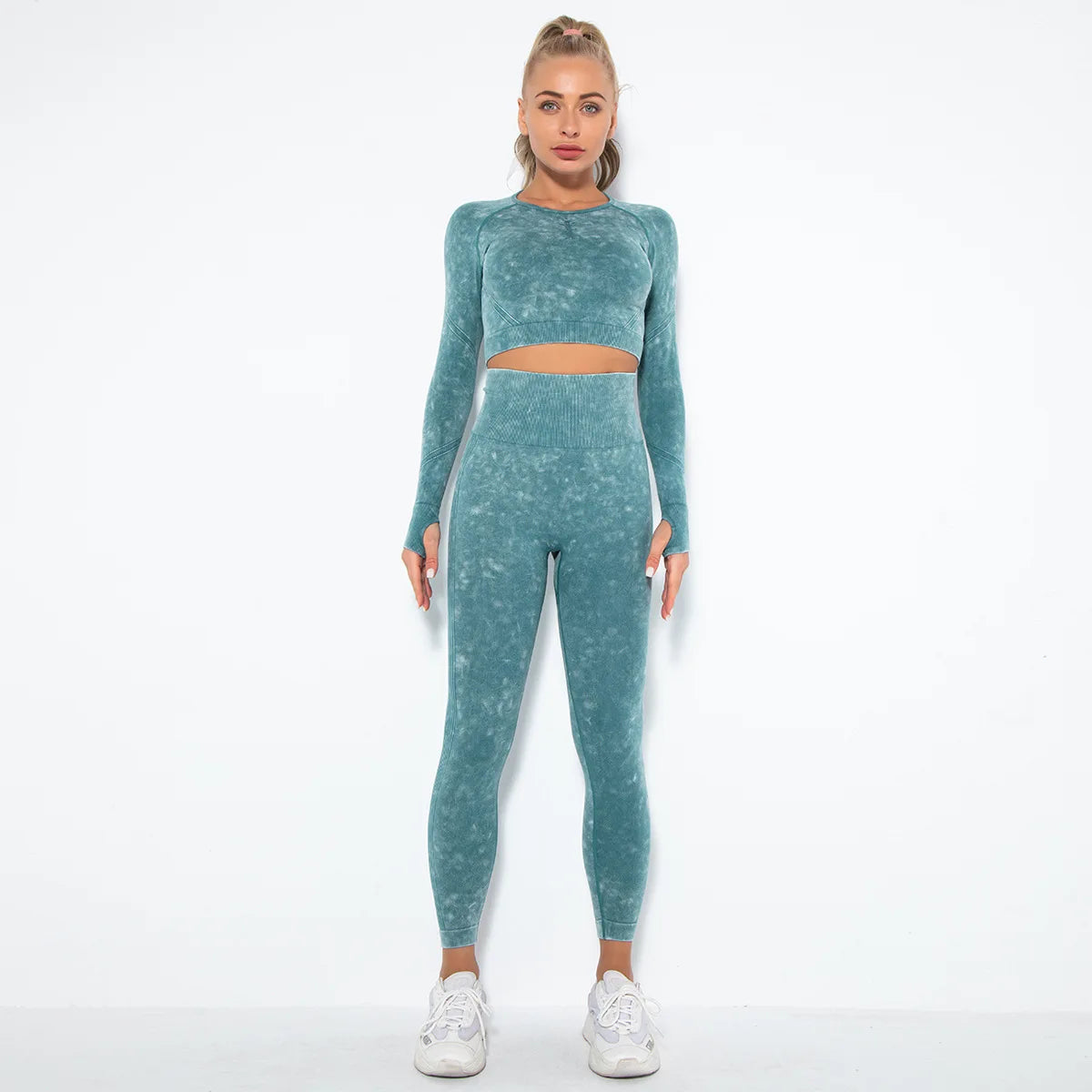 Women Seamless Tracksuit Yoga Set 2PCS Workout Clothes Athletic Wear Gym Legging Fitness Bra Crop Top Long Sleeve Sports Suits