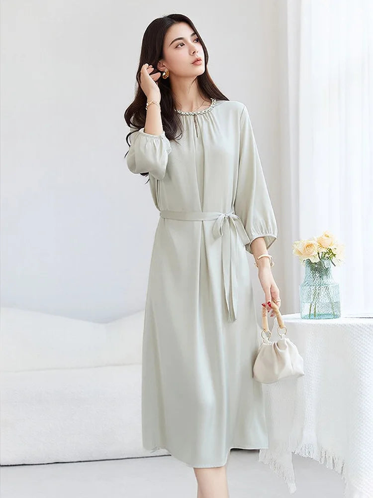 SuyaDream, Women Elegant Dresses, Real Silk, O Neck, 3/4 Sleeved, Black Mid Dress, 2026 Spring Summer Cloth