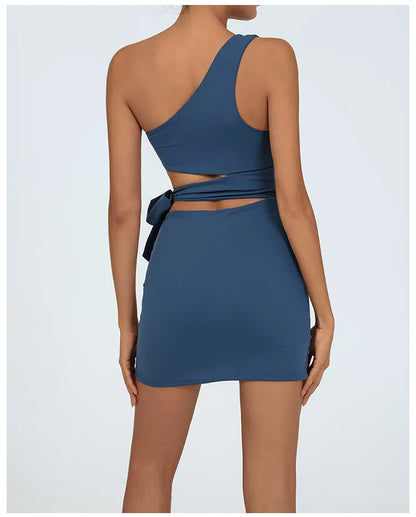 Tennis Dress Women Golf One Shoulder Hollow Out Bandage Slim Fit Fitness Tennis Short Skrit Badminton Dress One-Pieces Yoga Set