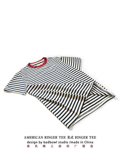 Summer new pure cotton T-shirt men's American retro contrasting shirt versatile couple short sleeved T-shirt striped base shirt