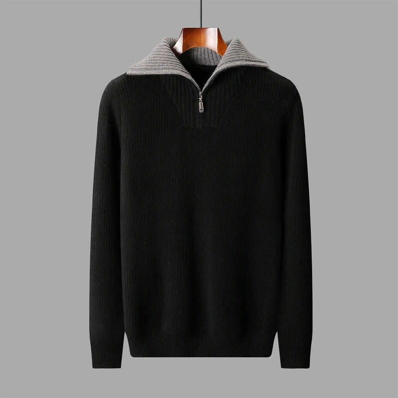 High Quality Men 100% Wool Sweater Turn Down Collar Zippers Pullover 2025 Autumn/Winter Thickened Soft Warm Knitwear Jumper Tops