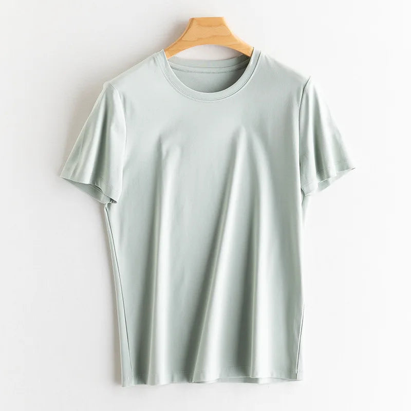 SuyaDream Women Solid T shirts, Silk Cotton Blend, O Neck, Short Sleeved Solid Tee,2025 Summer Candy Colors Basic Cozy Top Green
