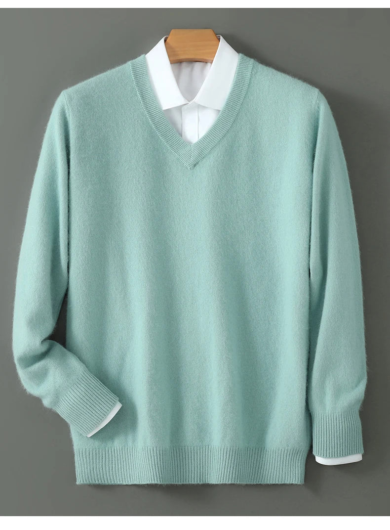 100% Pure Mink Cashmere Sweater Men's V-Neck Pullovers Knit Large Size Mink Sweater Winter New Long Sleeve High-End Jumpers Tops